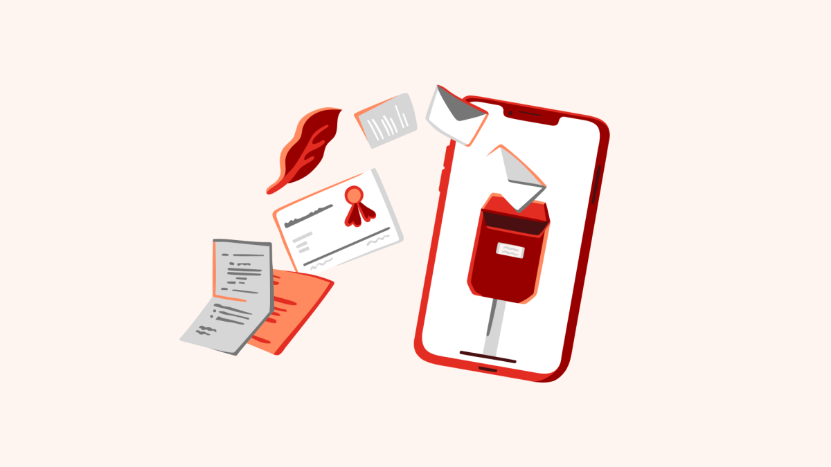 Illustration of a smartphone displaying a digital mailbox on the screen, surrounded by floating elements such as papers, envelopes, and a certificate with a seal. The image symbolizes digital mail management and document organization.