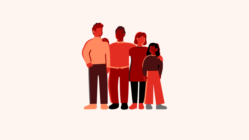 An illustration of four people standing together, holding each other 