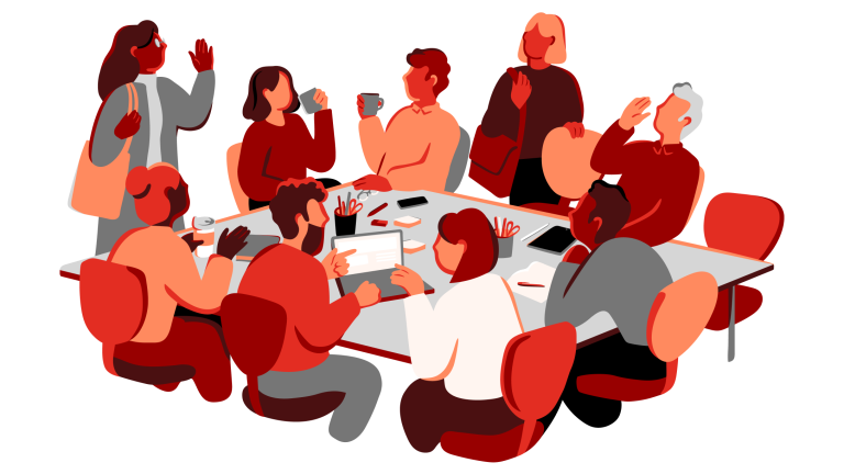 Illustration of a group of people collaborating and discussing around a meeting tabl