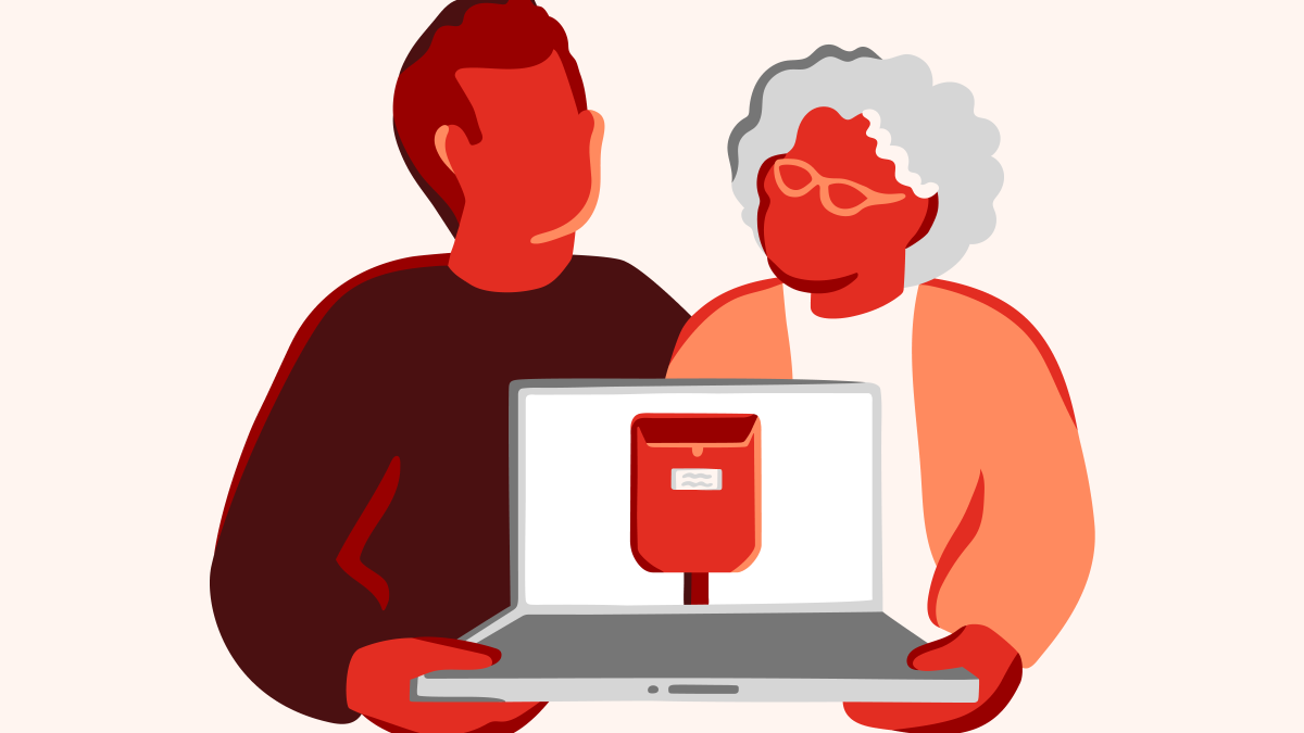 Illustration of two people holding a computer with an image of a mailbox.