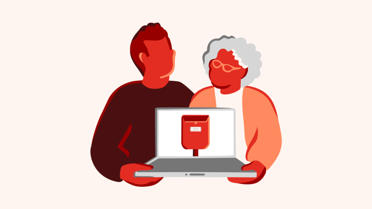 Illustration of two people holding a computer with an image of a mailbox on the screen