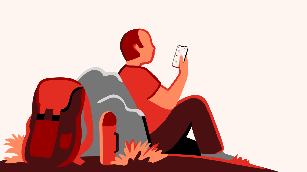 Illustration of a hiker that is resting while he is reading on a mobile